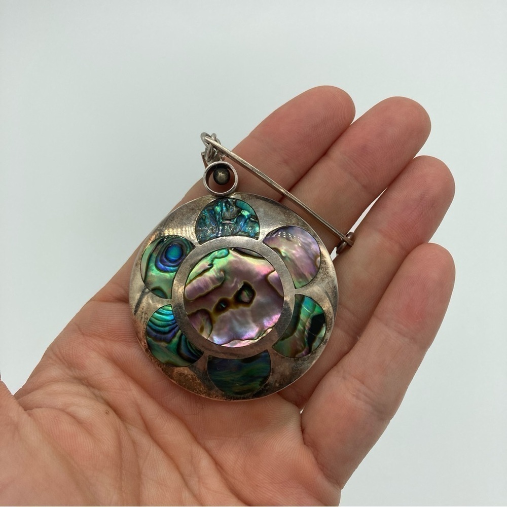 Vintage Abalone Shell and Sterling Silver 2 sided Pendant Necklace - Picture 7 of 11